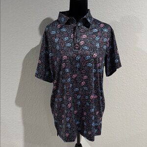 Stylish Black Polo Shirt with Blue and Pink Patterns